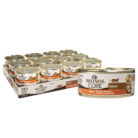 Wellness CORE Pate Adult Wet Cat Food, Natural, Protein-Rich, Grain Free, 5.5 Ounce, 24 Pack (Chicken, Turkey & Chicken Liver)