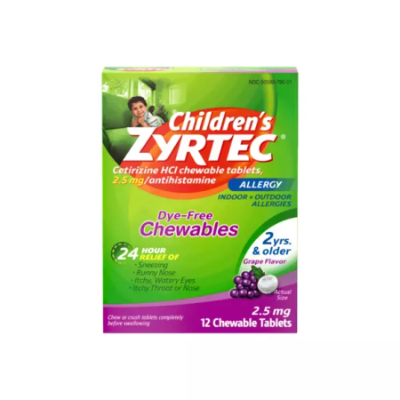 Children's Zyrtec Allergy Dye-Free Chewables, 2 Years & Older, Grape Flavor, 12 Count