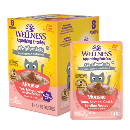 Wellness Appetizing Entrées Age Advantage Mousse Wet Cat Food, Protein-Rich, Grain Free, 1.4 Ounce Pouch, 8 Pack (Tuna, Salmon, Cod & Sardine Recipe)
